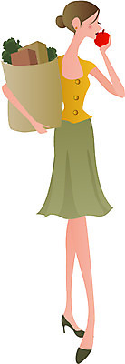 EPS 전신 클립아트 라이프스타일 여자 음식 과일 일러스트 한명 서기 들기 사람 20대 성인 쇼핑 장보기 치마 종이봉투 쇼핑백 사과 먹기 여자만 여자한명만 성인여자만 청년만 청년여자만 성인한명만 청년여자한명만 성인여자한명만 성인만 국내일러스트 1 가방 모션 하의 봉투 청년 생활 파일형식 벡터