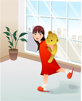 EPS 주간 여자 화분 초등학생 어린이 거실 일러스트 집안 실내 한명 사람 소녀 곰인형 창가 여자만 여자한명만 어린이만 소녀만 소녀한명만 국내일러스트 자연요소 1 학생 인형 창문 내부 파일형식 벡터