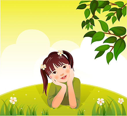 EPS 주간 나무 여자 행복 초등학생 어린이 일러스트 하늘 한명 사람 소녀 잔디 야외 소풍 언덕 여자만 여자한명만 어린이만 소녀만 소녀한명만 국내일러스트 자연요소 식물 1 학생 감정 야외활동 파일형식 벡터