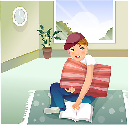 EPS 주간 남자 화분 초등학생 어린이 쿠션 일러스트 베개 집안 실내 한명 사람 소년 책 독서 남자만 남자한명만 어린이만 소년만 소년한명만 국내일러스트 자연요소 1 학생 침구 내부 파일형식 벡터