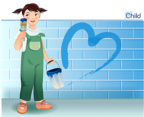 EPS 여자 초등학생 어린이 벽 일러스트 한명 사람 소녀 담장 페인트 물감 붓 여자만 여자한명만 어린이만 소녀만 소녀한명만 국내일러스트 1 학생 미술도구 파일형식 벡터