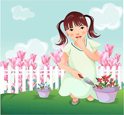 EPS 주간 여자 행복 화분 화초 초등학생 어린이 꽃밭 일러스트 하늘 한명 사람 소녀 야외 울타리 소풍 삽 여자만 여자한명만 어린이만 소녀만 소녀한명만 국내일러스트 자연요소 식물 1 학생 꽃 감정 담장 야외활동 파일형식 벡터