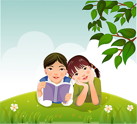 EPS 주간 나무 여자 남자 행복 어린이 일러스트 하늘 사람 소녀 소년 잔디 야외 두명 독서 소풍 언덕 어린이만 국내일러스트 자연요소 식물 감정 야외활동 파일형식 벡터