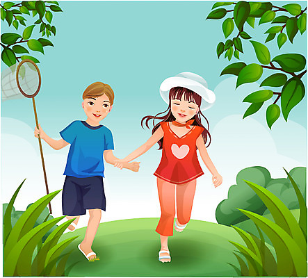 EPS 주간 나무 여자 어린이교육 교육 남자 행복 어린이 일러스트 하늘 사람 소녀 소년 잔디 야외 두명 소풍 수집 언덕 곤충채집 채집망 어린이만 국내일러스트 자연요소 식물 감정 곤충 야외활동 파일형식 벡터