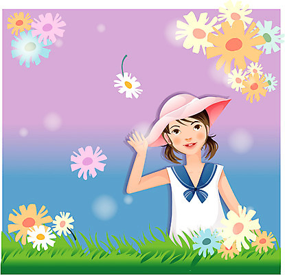 EPS 여자 꽃 행복 초등학생 어린이 꽃밭 일러스트 한명 사람 소녀 소풍 여자만 여자한명만 어린이만 소녀만 소녀한명만 국내일러스트 식물 1 학생 감정 야외활동 파일형식 벡터