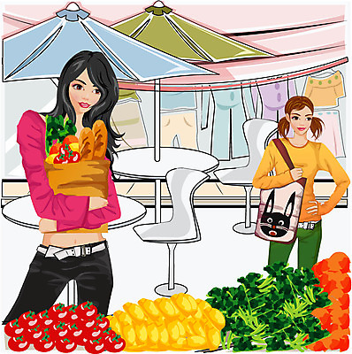 EPS 우먼라이프 웰빙 옷 여자 패션 빵 의자 가방 과일 일러스트 탁자 거리 사람 성인 야외 두명 쇼핑 쇼핑백 상점 파라솔 시장 여자만 성인여자만 성인만 국내일러스트 라이프스타일 잡화 음식 가구 파일형식 벡터