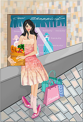 EPS 우먼라이프 웰빙 옷 여자 패션 빵 과일 일러스트 휴식 거리 한명 사람 20대 성인 쇼핑 쇼핑백 상점 여자만 여자한명만 성인여자만 청년만 청년여자만 성인한명만 청년여자한명만 성인여자한명만 성인만 국내일러스트 1 라이프스타일 음식 컨셉 가방 청년 파일형식 벡터