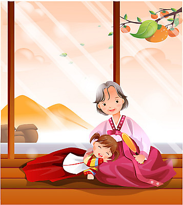 EPS 계절 여자 명절 노년 할머니 어린이 일러스트 가족 집안 손녀 실내 사랑 가족애 사람 두명 추석 가을 시골 한복 고향 귀향 여자만 국내일러스트 한국전통 전통 기념일 감정 관계 성인 내부 전통의상 손주 파일형식 벡터