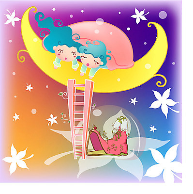 EPS 신발 일러스트 사다리 상상 요정 두명 달 잠 수면 꿈나라 잠꾸러기 가상인물 국내일러스트 자연요소 사람 물 꿈 도구 파일형식 벡터