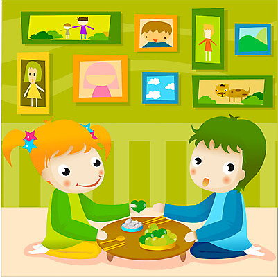 EPS 직업 학생 라이프스타일 여자 남자 어린이 일러스트 사람 앉기 두명 식사 놀이방 유치원생 밥상 점심 소꿉놀이 소꿉장난 어린이만 국내일러스트 모션 놀이 탁자 생활 파일형식 벡터