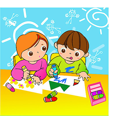 EPS 여자 어린이교육 교육 남자 어린이 일러스트 교과목 수업 미술 사람 앉기 소녀 소년 두명 유치원생 그리기 낙서 책상 그림 미술교육 색칠공부 어린이만 국내일러스트 가구 모션 문화예술 학습 색칠 파일형식 벡터