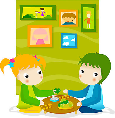 EPS 직업 학생 라이프스타일 여자 남자 어린이 일러스트 사람 앉기 두명 식사 놀이방 유치원생 밥상 점심 소꿉놀이 소꿉장난 어린이만 국내일러스트 모션 놀이 탁자 생활 파일형식 벡터