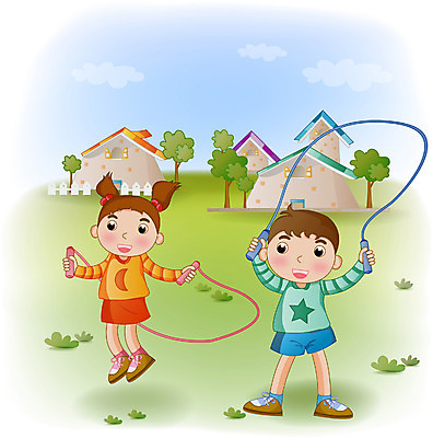 EPS 주간 나무 여자 남자 딸 아들 어린이 일러스트 가족 하늘 주택 건강 남매 사람 소녀 소년 야외 두명 운동 줄넘기 어린이만 국내일러스트 자연요소 식물 관계 건물 파일형식 벡터