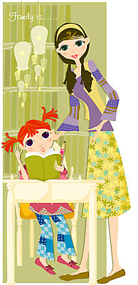 EPS 전신 여자 교육 딸 행복 일러스트 가족 모녀 엄마 사람 두명 화목 책상 여자만 국내일러스트 감정 가구 컨셉 관계 파일형식 벡터