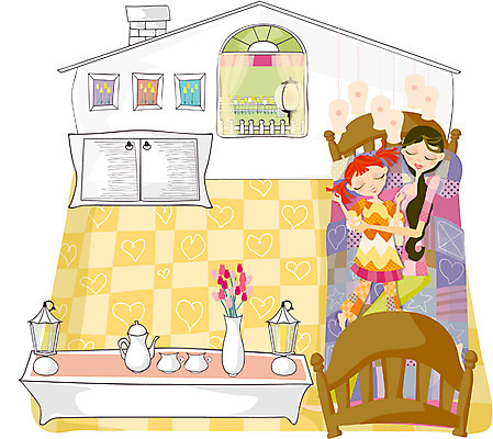 EPS 전신 여자 꽃 딸 행복 여유 일러스트 가족 모녀 엄마 실내 사람 두명 눕기 화목 침실 튤립 침대 잠 한가함 여자만 국내일러스트 식물 감정 가구 컨셉 관계 모션 내부 파일형식 벡터