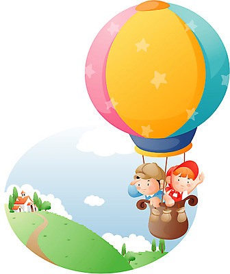 EPS 주간 직업 학생 여자 남자 어린이라이프 어린이 일러스트 하늘 사람 소녀 소년 야외 두명 유치원 유치원생 기구 열기구 언덕 어린이만 국내일러스트 자연요소 라이프스타일 교육 항공교통 파일형식 벡터