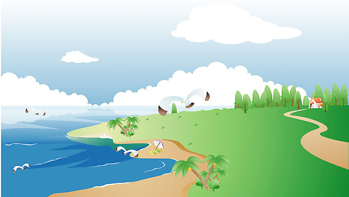 EPS 주간 나무 식물 구름 사계절 계절 길 파도 바다 일러스트 자연 갈매기 하늘 주택 풍경 해변 사람없음 야외 여름 야자수 국내일러스트 자연요소 조류 건물 생태계 파일형식 벡터