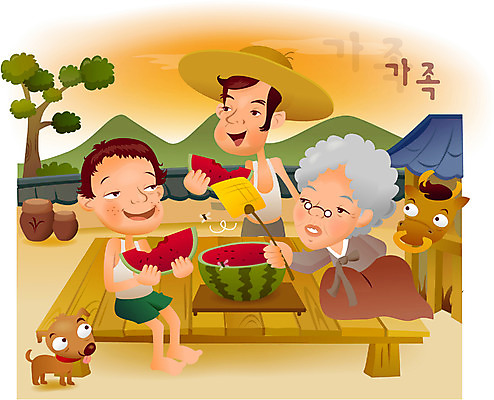 EPS 여자 남자 행복 반려견 아들 할머니 어린이 과일 일러스트 가족 탁자 하늘 수박 대가족 주택 사람 야외 세명 농가 노을 정원 화목 가축 일몰 농촌 시골 소 아빠 개 강아지 즐거움 담뱃대 국내일러스트 자연요소 동물 노년 감정 가구 컨셉 포유류 관계 담배 건물 반려동물 농장 파일형식 벡터