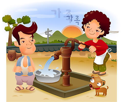 EPS 주간 전신 나무 부부 커플 여자 남자 행복 반려견 일러스트 엄마 아침 사람 야외 두명 물 태양 정원 화목 다정 로맨틱 농촌 아빠 개 강아지 세수 즐거움 전봇대 대야 펌프 국내일러스트 자연요소 식물 공공시설 감정 컨셉 포유류 가족 관계 반려동물 청결 시골 파일형식 벡터