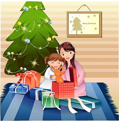 EPS 계절 여자 기념일 종교 어린이 크리스마스 겨울 일러스트 가족 모녀 엄마 실내 선물 사랑 가족애 사람 소녀 두명 크리스마스트리 여자만 국내일러스트 딸 감정 관계 이벤트 내부 파일형식 벡터