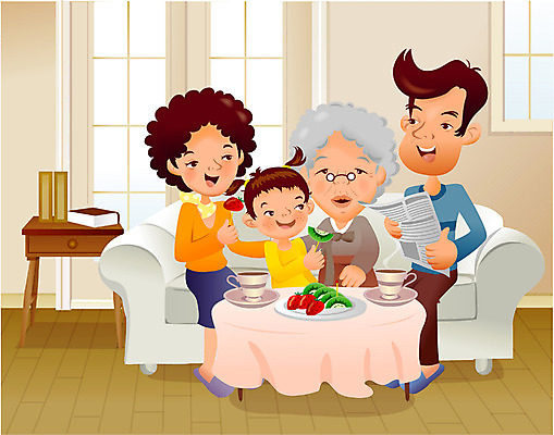 EPS 여자 남자 딸 행복 할머니 어린이 일러스트 가족 엄마 집안 대가족 실내 대화 사람 여러명 화목 아빠 아침식사 즐거움 간식시간 국내일러스트 노년 감정 다수 컨셉 관계 말하기 내부 식사 파일형식 벡터