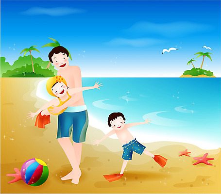 EPS 주간 계절 여자 남자 행복 아들 어린이 바다 일러스트 가족 놀이 휴가 사람 해변 야외 세명 여름 여름휴가 바캉스 화목 아빠 개 휴양지 국내일러스트 자연요소 감정 컨셉 포유류 관계 장소 파일형식 벡터 여름_계절