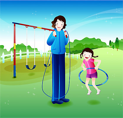 EPS 주간 여자 딸 행복 어린이 일러스트 가족 엄마 휴식 사람 취미 야외 두명 라이프 공휴일 운동 운동장 자녀 놀이터 그네 줄넘기 주말 훌라후프 여자만 국내일러스트 자연요소 기념일 감정 컨셉 스포츠시설 관계 놀이 건강 생활 공간 파일형식 벡터