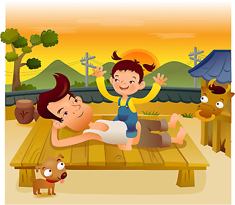 EPS 주간 나무 여자 남자 딸 행복 어린이 일러스트 가족 탁자 하늘 휴식 사람 야외 두명 노을 정원 화목 일몰 농촌 시골 소 아빠 개 강아지 즐거움 평상 부녀 국내일러스트 자연요소 식물 감정 가구 컨셉 포유류 관계 반려동물 파일형식 벡터