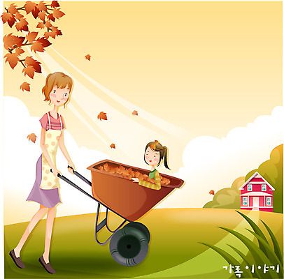 EPS 계절 여자 딸 낙엽 일러스트 가족 모녀 엄마 사랑 가족애 사람 야외 두명 수레 가을 언덕 여자만 국내일러스트 감정 잎 관계 카트 파일형식 벡터
