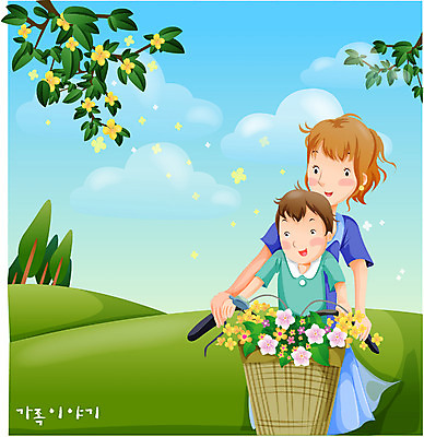 EPS 주간 계절 여자 남자 꽃 아들 일러스트 가족 엄마 사랑 가족애 사람 소년 야외 두명 자전거 봄 국내일러스트 자연요소 식물 감정 어린이 관계 바이크 파일형식 벡터