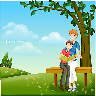 EPS 주간 여자 남자 아들 벤치 일러스트 가족 자연 하늘 엄마 사랑 가족애 사람 소년 야외 두명 책 독서 국내일러스트 자연요소 감정 어린이 의자 관계 생태계 파일형식 벡터