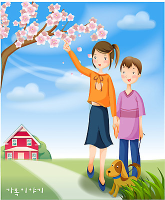 EPS 주간 여자 남자 꽃 딸 아들 일러스트 가족 하늘 남매 사랑 가족애 사람 소년 야외 두명 산책 벚꽃 개 강아지 꽃놀이 국내일러스트 자연요소 식물 감정 어린이 포유류 관계 휴식 반려동물 축제 파일형식 벡터