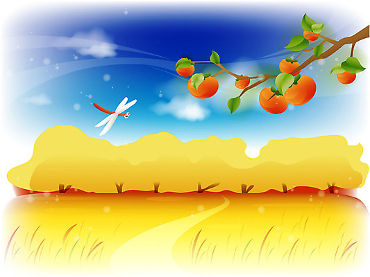 EPS 주간 나무 사계절 계절 백그라운드 일러스트 자연 하늘 감 풍경 초원 사람없음 야외 가을 잠자리 감나무 가을배경 국내일러스트 자연요소 식물 곤충 과일 생태계 파일형식 벡터 가을_계절