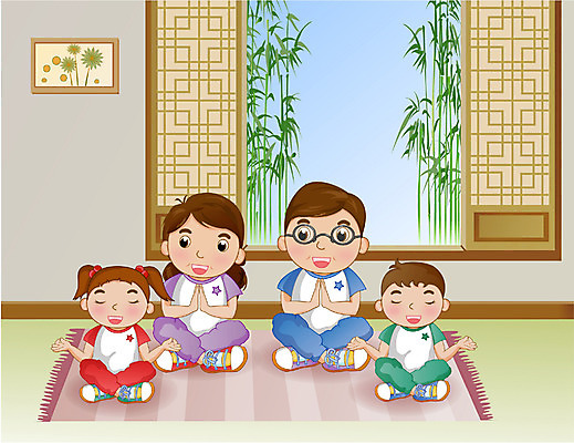 EPS 주간 웰빙 여자 남자 딸 행복 아들 어린이 일러스트 요가 가족 엄마 실내 건강 사람 소녀 소년 여러명 성인 운동 화목 아빠 대나무 국내일러스트 자연요소 나무 감정 다수 컨셉 관계 내부 파일형식 벡터