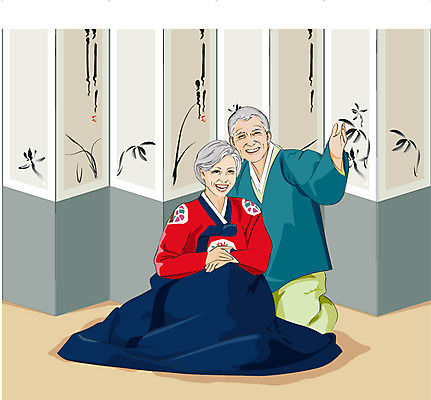 EPS 전통 웰빙 부부 커플 여자 명절 할아버지 노년 남자 할머니 여유 결혼 일러스트 아침 새해 실내 사랑 사람 두명 생활 실버라이프 설날 추석 노부부 로맨틱 인사 실버 클래식 한복 금술 문안인사 우피족 노인만 성인만 국내일러스트 주간 한국전통 라이프스타일 기념일 감정 컨셉 관계 이벤트 성인 내부 예절 전통의상 파일형식 벡터