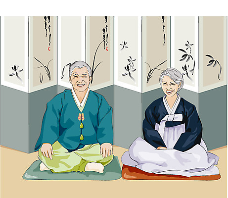 EPS 전통 웰빙 부부 커플 여자 명절 할아버지 노년 남자 할머니 여유 일러스트 아침 새해 실내 사랑 사람 두명 생활 실버라이프 설날 추석 노부부 로맨틱 인사 실버 클래식 한복 금술 문안인사 우피족 노인만 성인만 국내일러스트 주간 한국전통 라이프스타일 기념일 감정 컨셉 관계 성인 내부 예절 전통의상 파일형식 벡터