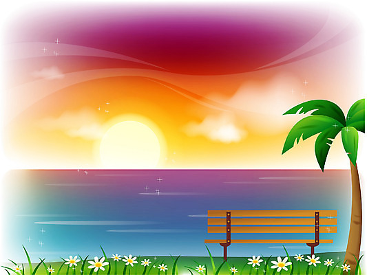 EPS 나무 식물 구름 사계절 계절 바다 백그라운드 벤치 의자 일러스트 자연 하늘 풍경 해변 사람없음 야외 여름 야자수 일출 일몰 국내일러스트 자연요소 가구 노을 생태계 파일형식 벡터