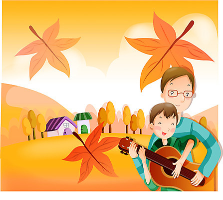 EPS 계절 남자 아들 악기 음악 단풍 일러스트 가족 하늘 현악기 사랑 가족애 사람 야외 두명 부모 가을 기타 아빠 부자지간 남자만 국내일러스트 감정 잎 관계 문화예술 파일형식 벡터