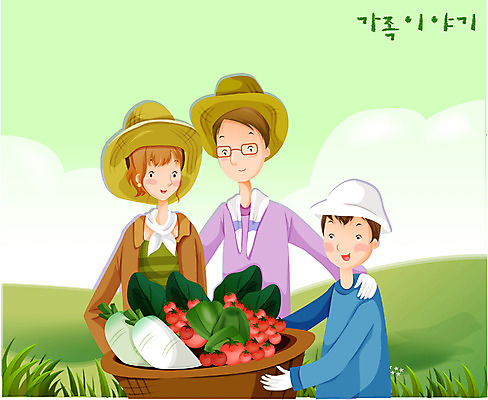 EPS 여자 남자 아들 채소 과일 일러스트 가족 엄마 사랑 가족애 사람 소년 야외 세명 부모 농사 체험학습 아빠 주말농장 국내일러스트 감정 어린이 농업 관계 농장 체험 파일형식 벡터