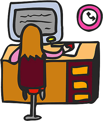 EPS 클립아트 여자 시계 의자 일러스트 비즈니스 한명 사람 앉기 컴퓨터 스크린 모니터 시간 업무 작업 비즈니스우먼 작업실 책상 여자만 여자한명만 국내일러스트 1 가구 모션 전자제품 직장인 파일형식 벡터