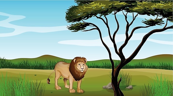 EPS 해외이미지 나무 식물 동물 구름 캐릭터 일러스트 포유류 자연 하늘 산 야외 목재 그래픽 초록색 파란색 바위 나뭇가지 표현 입 황무지 사자 땅 그림 코 꼬리 귀 육식동물 장면 사바나 해외202004 해외일러스트 일러캐릭터 자연요소 컬러 재료 신체부위 돌_바위 생태계 파일형식 벡터