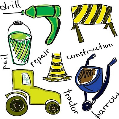 EPS 해외이미지 무료이미지 일러스트 사람없음 수레 도구 양동이 트랙터 공사도구 안전삼각대 안전펜스 전동드릴 해외202004 해외일러스트 울타리 카트 농기계 드릴 특수차량 파일형식 벡터 무료콘텐츠