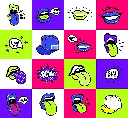 EPS 해외이미지 디자인 말풍선 일러스트 추상 미술 사람없음 세트 컬러풀 입 혀 입술 팝아트 코믹 캡모자 해외202004 해외일러스트 모자_잡화 컬러 무늬 문화예술 신체부위 그림 파일형식 벡터