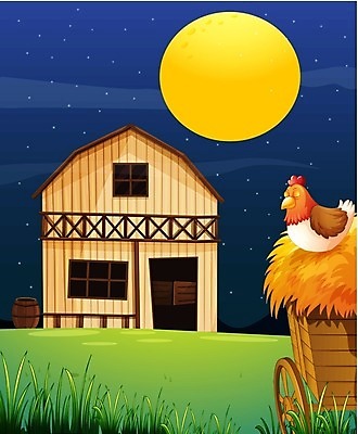 EPS 해외이미지 식물 동물 별 밭 일러스트 하늘 사람없음 야외 초록색 파란색 농작물 농장 농경지 노란색 달 농부 야간 저녁 오두막 가득함 그림 마차 외양간 밭일 암탉 해외202004 해외일러스트 자연요소 직업 교통수단 컬러 농업 닭 암컷 파일형식 벡터