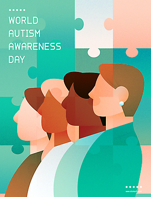 영어 여자 남자 포스터 일러스트 서기 여러명 상반신 성인 타이포그라피 퍼즐 퍼즐조각 일렬 얼굴없음 성인만 자폐증 세계자폐인의날 국내일러스트 AI파일 문자 기념일 조각 다수 모션 사람 장애 정신질환 파일형식 벡터