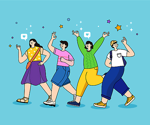 전신 여자 남자 별 허리손 하늘색 일러스트 함께함 웃음 여러명 청년 성인 걷기 만세 OK 즐거움 크로스백 청년만 성인만 국내일러스트 AI파일 자연요소 감정 포즈 다수 컨셉 가방 모션 표정 사람 손짓 파란색 파일형식 벡터