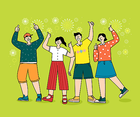 전신 여자 남자 일러스트 함께함 폭죽 윙크 서기 미소 웃음 여러명 청년 성인 연두색 손들기 최고 따봉 청년만 성인만 국내일러스트 AI파일 다수 컨셉 모션 표정 사람 초록색 파일형식 벡터