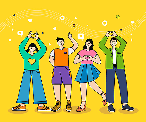 전신 여자 남자 말풍선 일러스트 함께함 윙크 서기 미소 웃음 여러명 청년 성인 노란색 눈감음 손하트 청년만 성인만 국내일러스트 AI파일 컬러 다수 컨셉 모션 표정 사람 손짓 파일형식 벡터