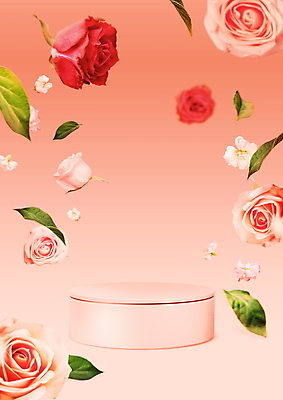 PSD 편집이미지 백그라운드 잎 사람없음 장미 봄 떨어짐 오브젝트 원기둥 단상 포디움 카피스페이스 코랄 이미지편집 식물 계절 꽃 컬러 컨셉 공백 무대 원형 파일형식