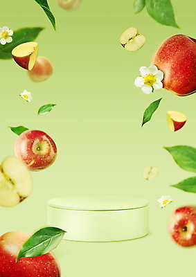 PSD 편집이미지 백그라운드 잎 나뭇잎 사람없음 연두색 떨어짐 사과 오브젝트 원기둥 단상 과일조각 사과꽃 사과조각 포디움 카피스페이스 이미지편집 식물 꽃 조각 컨셉 과일 초록색 공백 무대 원형 파일형식
